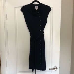 Navy Blue Cling Dress with Button Details and Belt